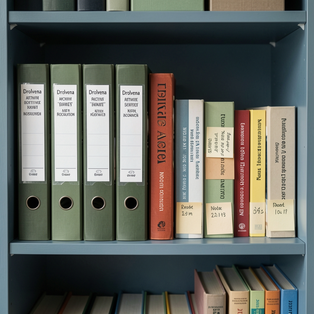 Neatly labelled Drolvena archive folders, nutrition books and dated research cards arranged on a muted blue shelf