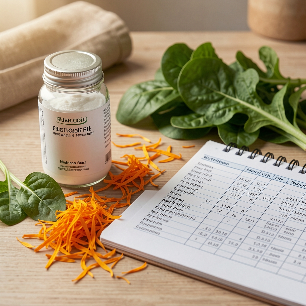 Fish oil, marigold petals, leafy greens and a nutrition ledger arranged in a calm editorial still life