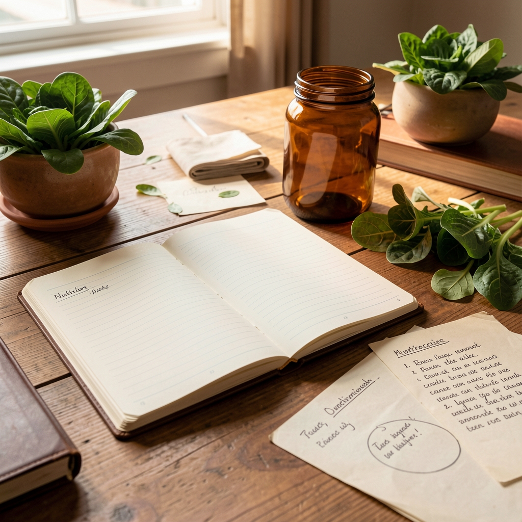 Warm editorial desk in Johannesburg with an open nutrition notebook, leafy greens, amber glass jar and handwritten research notes