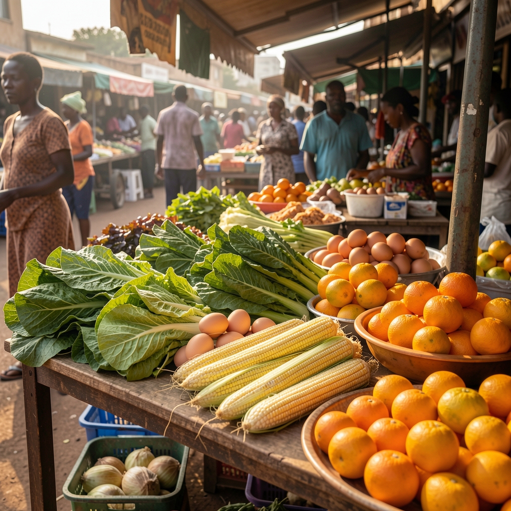 Johannesburg market table with leafy vegetables, maize, eggs and citrus arranged in natural morning light