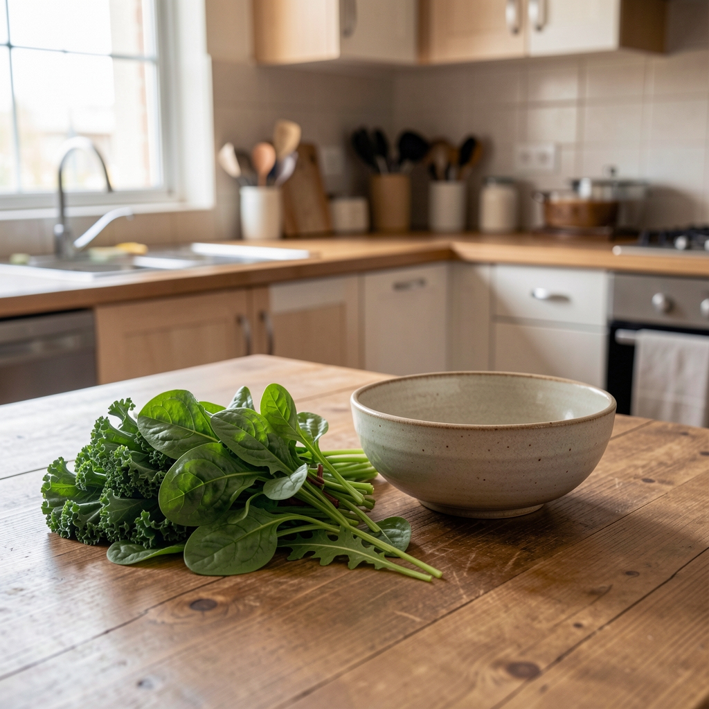 Fresh spinach, kale and rocket leaves arranged beside a ceramic bowl on a Johannesburg kitchen table