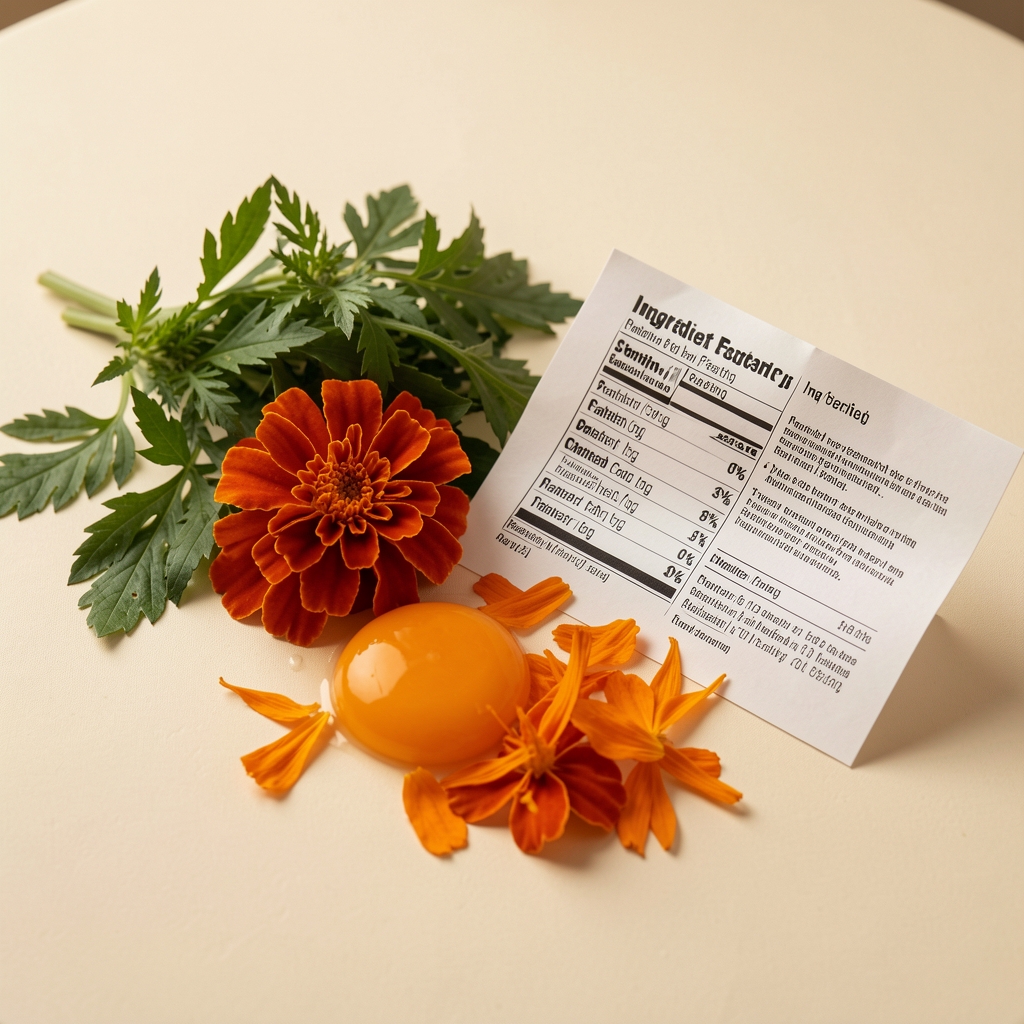 Marigold petals, leafy greens, egg yolk and an open ingredient label photographed on a warm ivory table