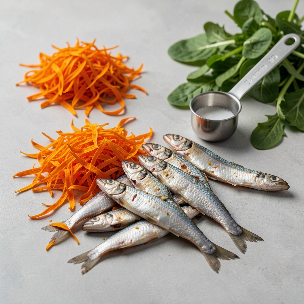 Marigold petals, sardines, leafy greens and a measuring spoon arranged in a documented food ingredient study