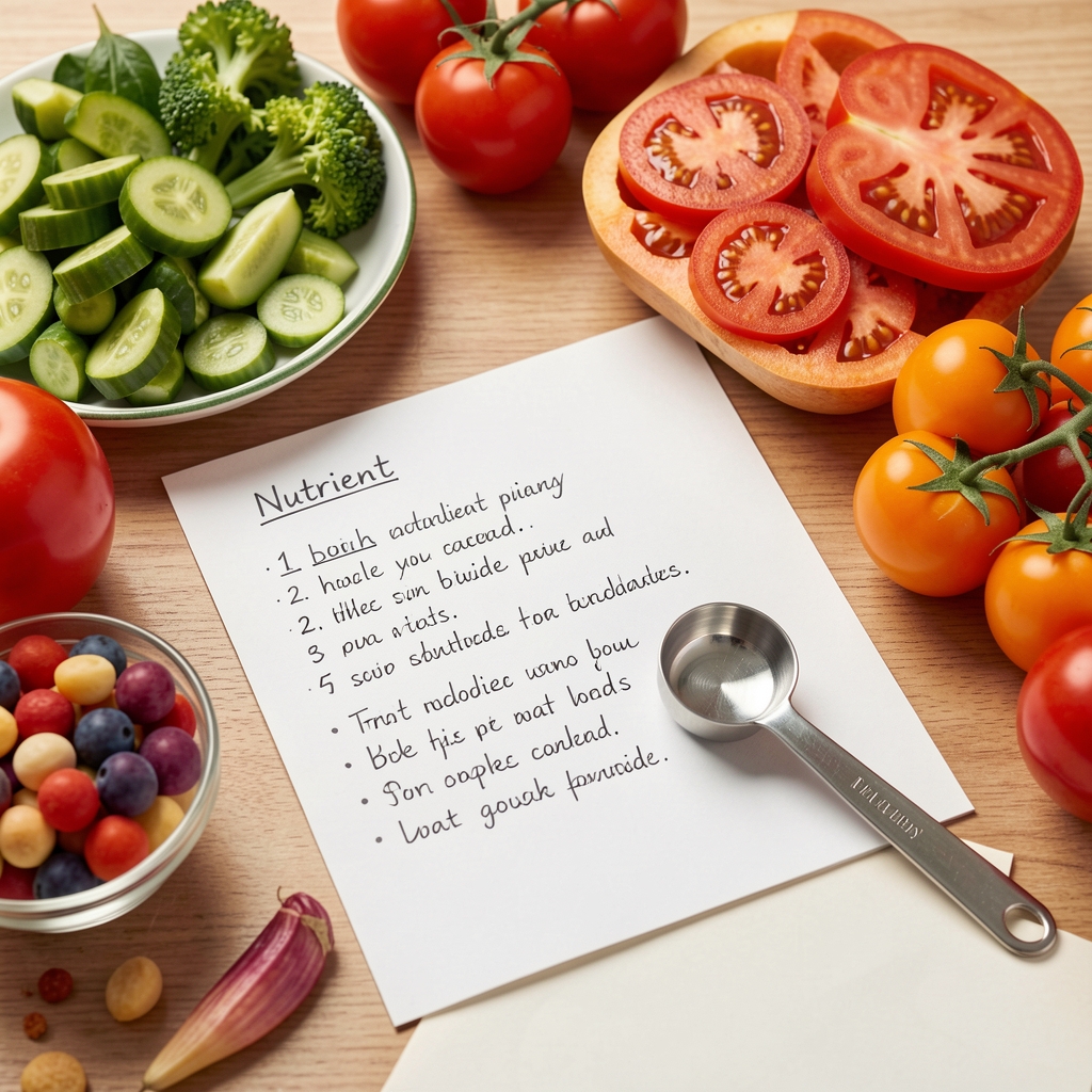 Colourful food ingredients, measuring spoon and handwritten nutrient notes arranged for an editorial photograph
