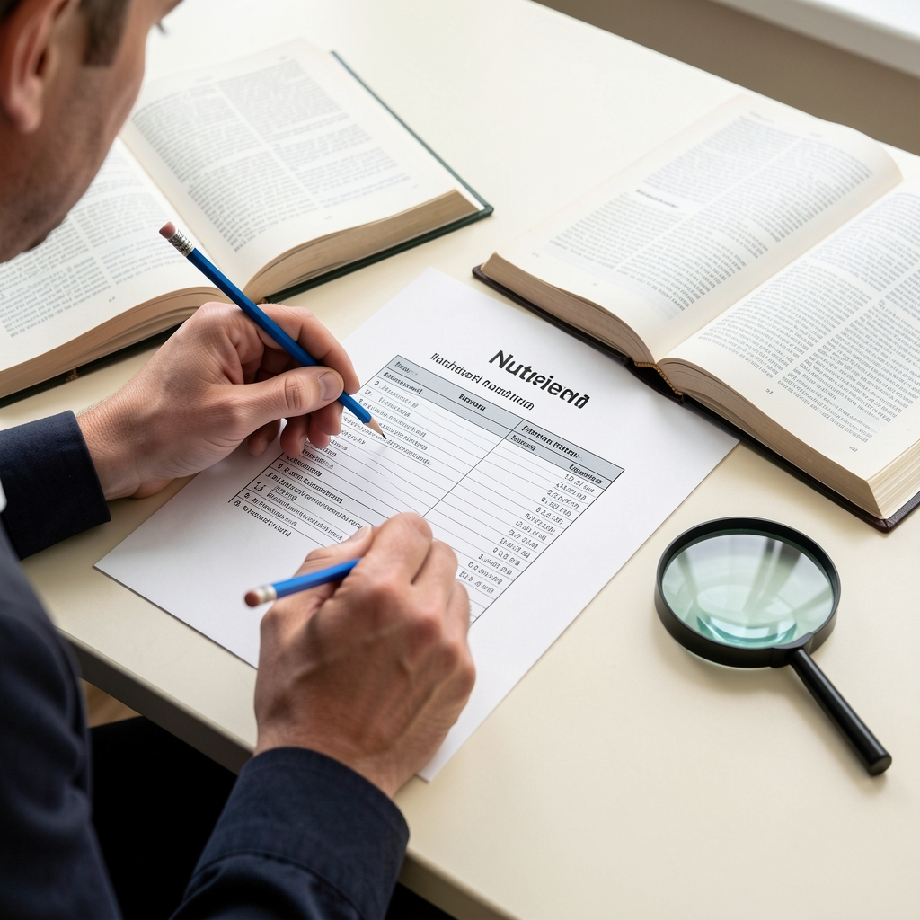 Editor checking a printed nutrient page with a blue pencil, reference book and magnifying glass on a cream desk