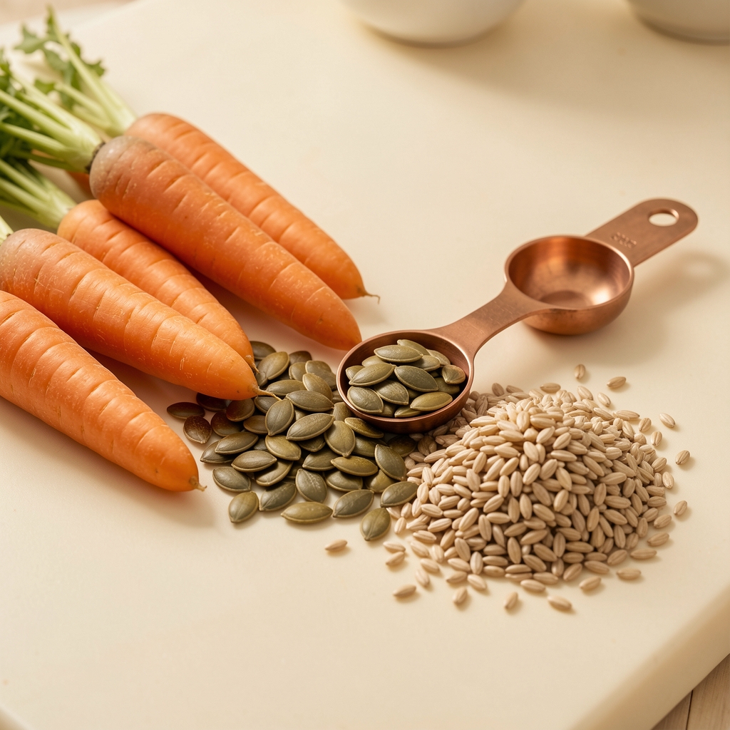Pumpkin seeds, carrots, whole grains and a copper-toned measuring spoon arranged on a warm ivory kitchen surface