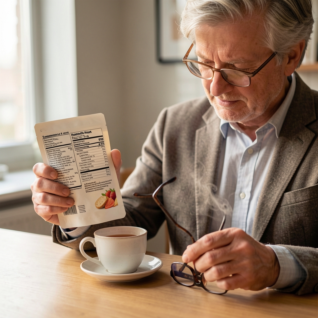 Adult reader reviewing a clearly printed food supplement label beside a cup of tea and reading glasses