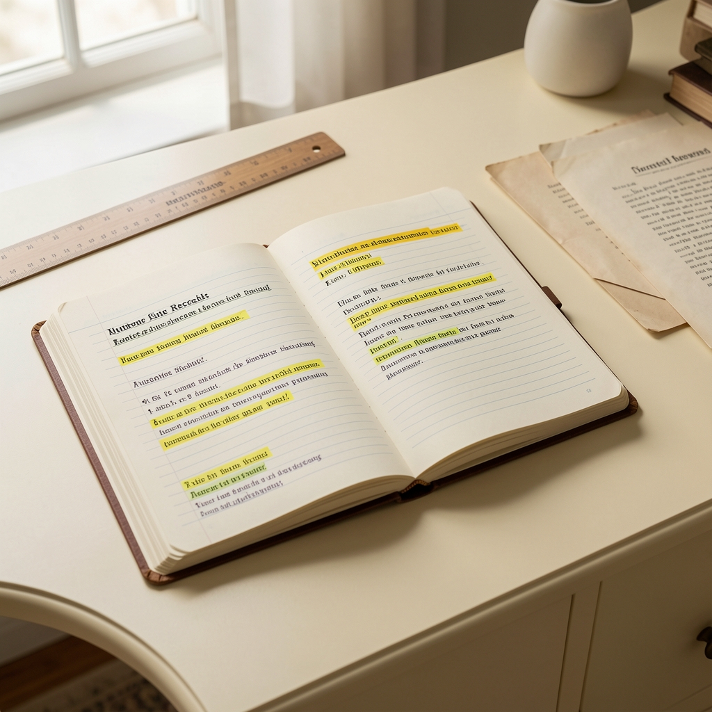 Open research notebook with highlighted nutrient references, ruler and archival papers on an ivory desk