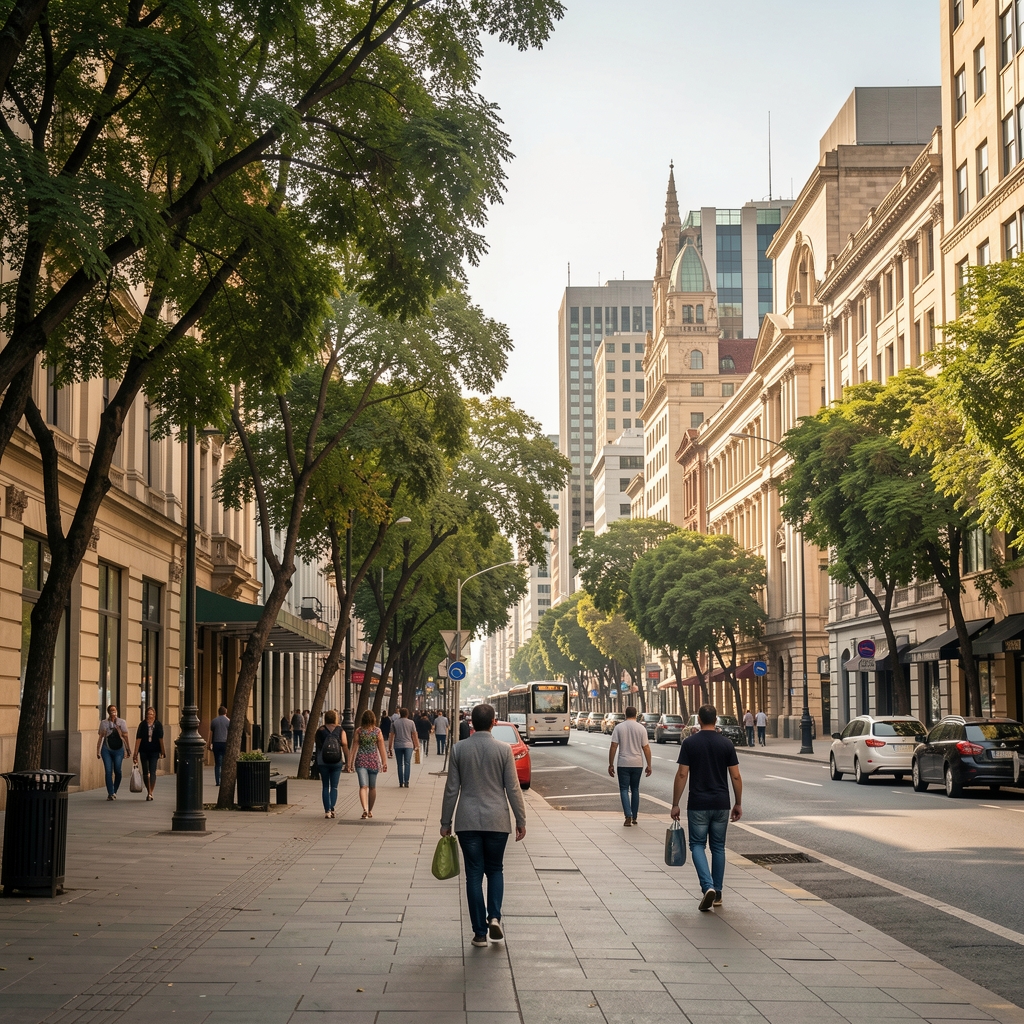 Rissik Street in Johannesburg CBD with historic façades, pavement trees and morning pedestrians