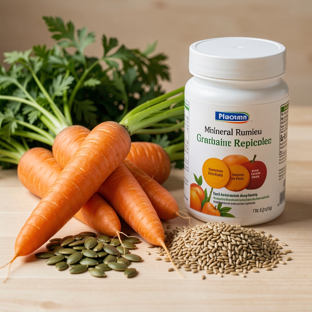 Carrots, pumpkin seeds, mineral-rich grains and a clearly printed vitamin label arranged for an editorial still life